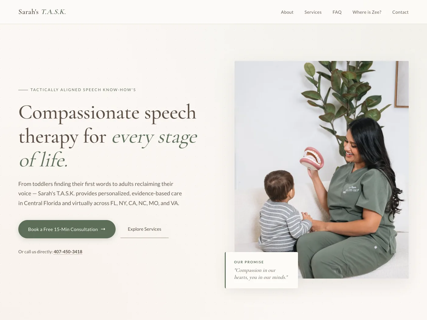 Homepage of Sarah's T.A.S.K., a speech therapy practice: serif headline beside a photo of a therapist with a young child